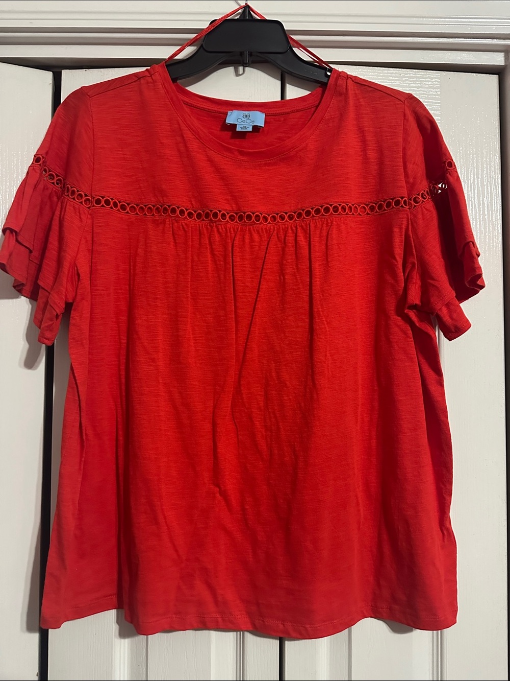 CeCe Bright Red Short Sleeve Crochet-Yoke Tee